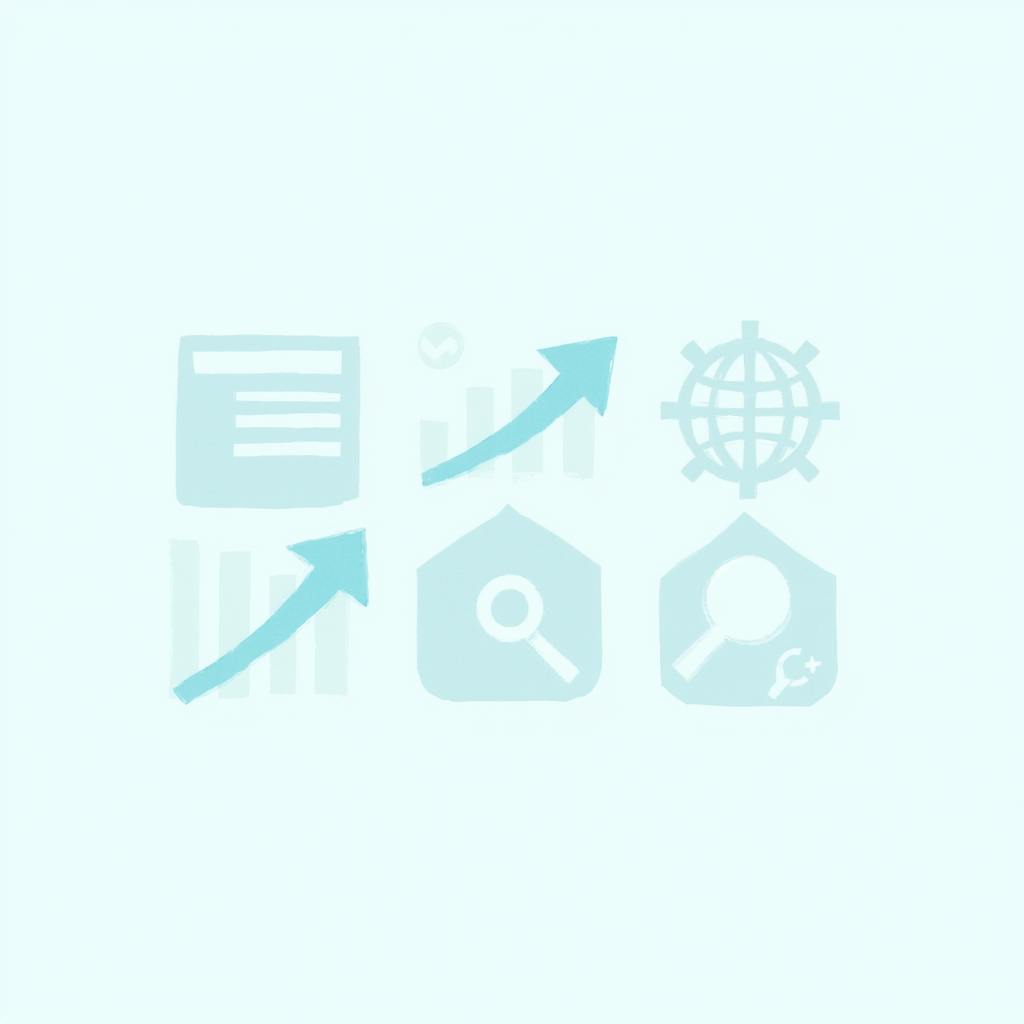Minimalistic graphic featuring magnifying glass icons, a globe, and rising arrows, highlighting analytics and growth metrics as key examples of KPI performance tracking.
