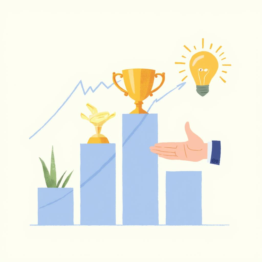 Colorful illustration of a hand pointing to a leaderboard with trophies, a lightbulb, and a rising growth chart, visually representing examples of KPI milestones and goal setting.