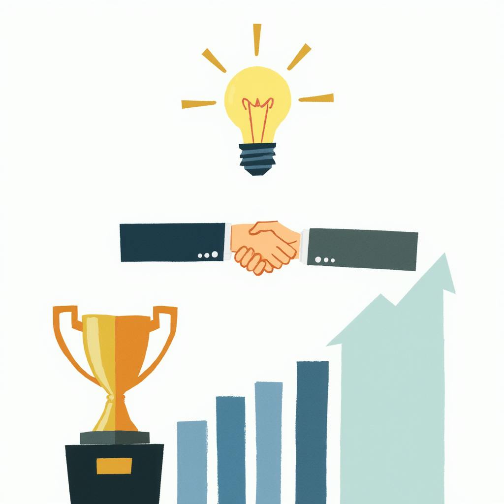 Illustration showing a handshake, a glowing lightbulb, a trophy, and a rising bar chart, symbolizing collaboration, innovation, success, and growth — all strong examples of KPI achievement.