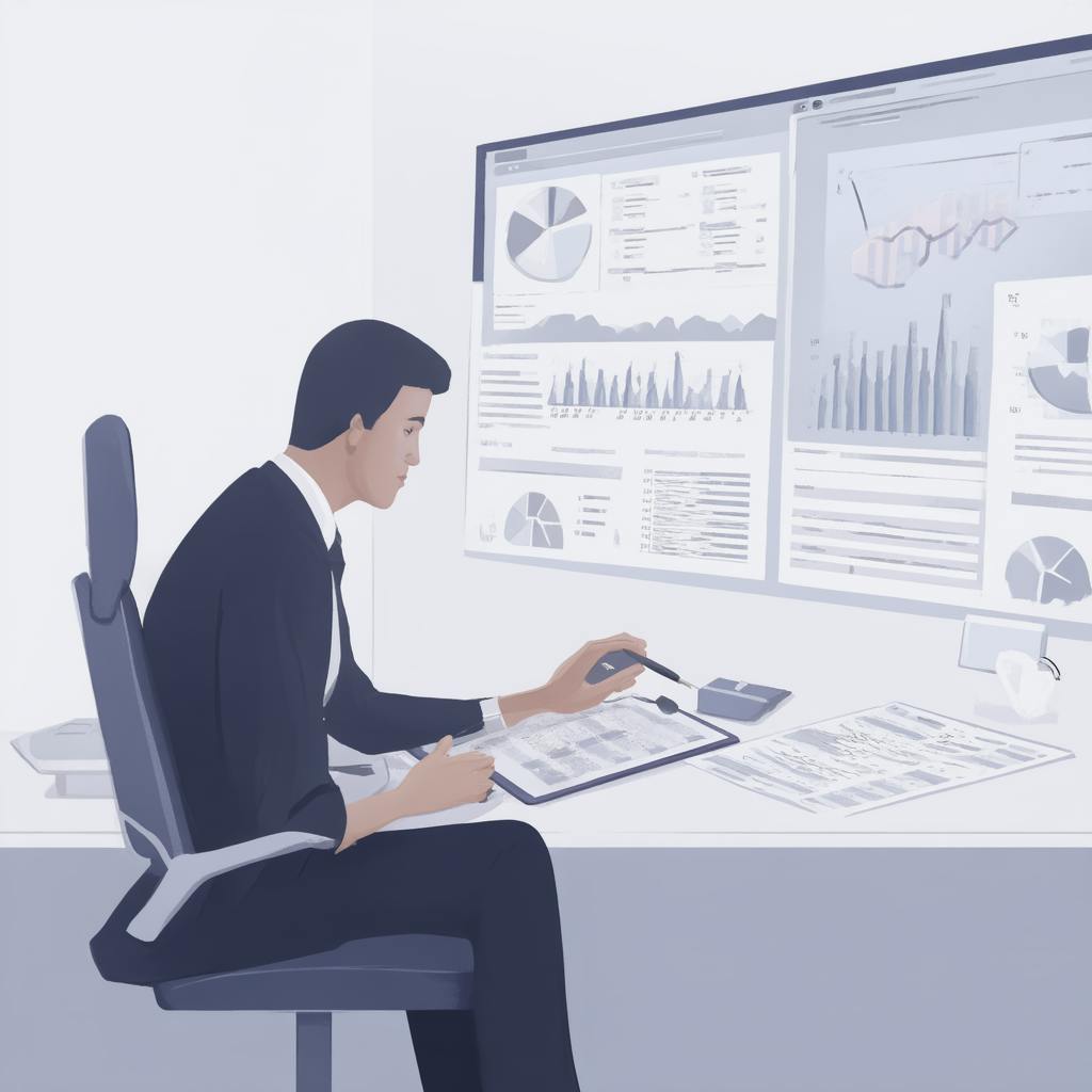 A business analyst in formal attire is deeply focused on a large screen filled with pie charts, bar graphs, and financial data visuals. The surrounding documents and tools depict a strategic setting for learning how to do market research and interpret insights for business planning.
