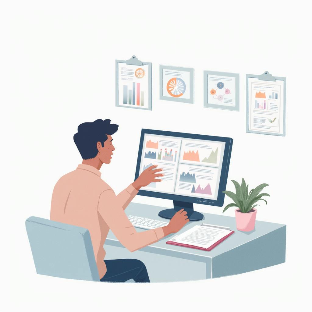 A professional is shown working at a desk with a computer screen filled with colorful analytical charts and graphs. Wall-mounted infographics and a clipboard of notes suggest a structured approach to understanding market dynamics—ideal for illustrating how to do market research effectively
