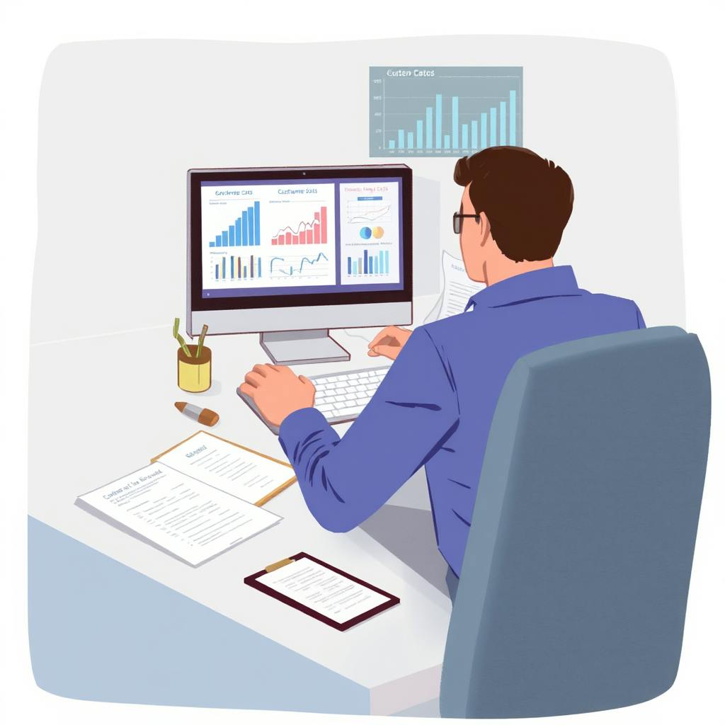 An illustrated man in a blue shirt sits at a desk analyzing charts and graphs on a desktop monitor. The screen displays customer data, sales trends, and performance metrics for web design. This image represents someone exploring how to do market research using digital tools and performance dashboards.