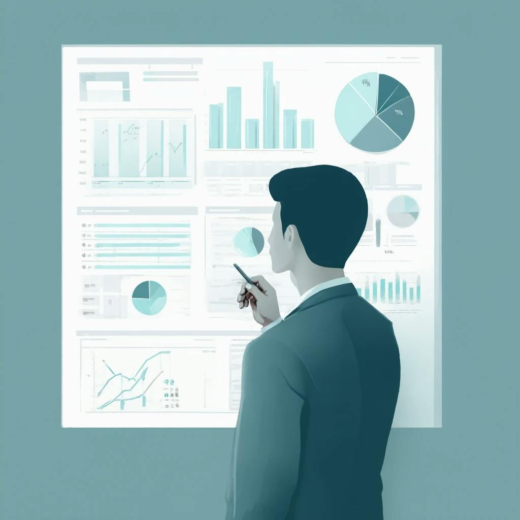 A digitally illustrated professional in a suit stands before a large data dashboard displaying various analytical charts and graphs. This visual metaphor reflects the analytical thinking and presentation skills required in answering the question: how do I become a concept artist with strong visualization capabilities.