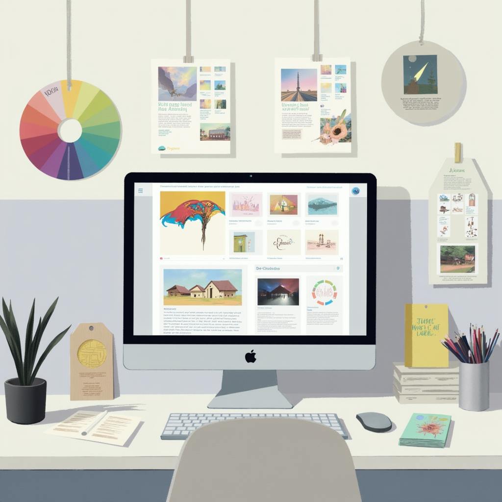 An artistic workspace features a desktop monitor displaying various design thumbnails, with color swatches and printed mood boards on the wall. This setting is ideal for ideating and organizing comprehensive graphic design solutions tailored for branding, web design, or marketing campaigns.