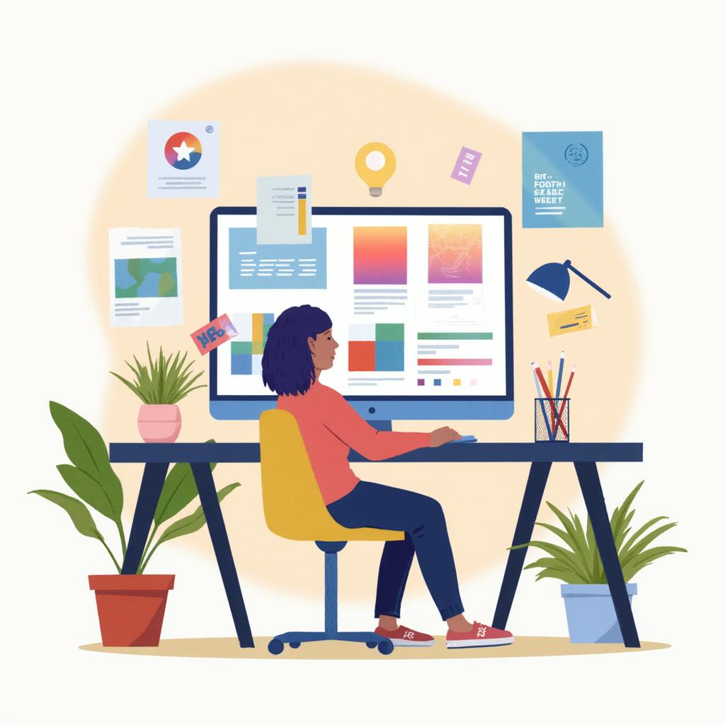 An illustrated woman works at a stylish desk with a large screen showing colorful grids and interface mockups. Surrounded by houseplants, sticky notes, and mood boards, the image captures the essence of modern graphic design solutions applied in digital product creation and visual storytelling.