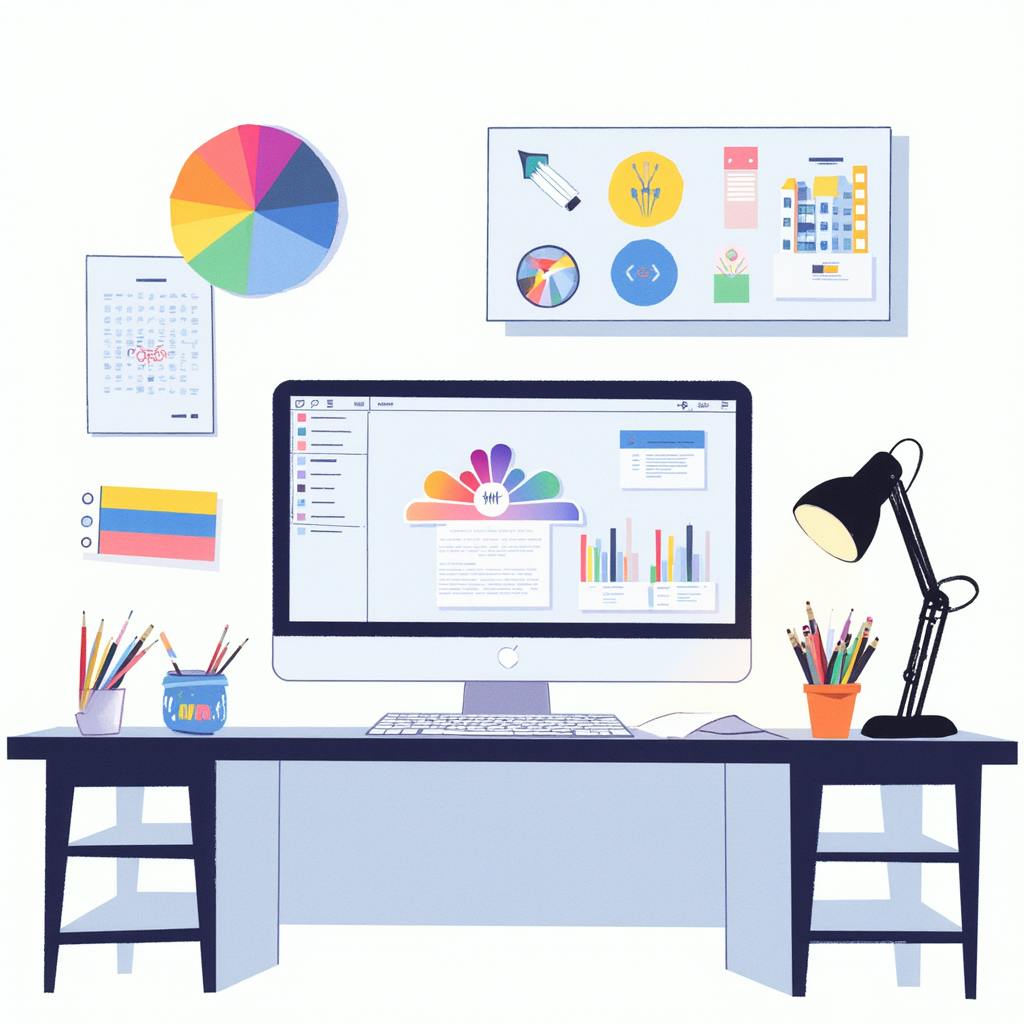 A colorful desktop illustration shows a creative workspace with a computer displaying charts, a color wheel, and design elements. Surrounded by pencils, sticky notes, and a task lamp, this scene embodies a vibrant environment for developing graphic design solutions that merge data visualization with aesthetic appeal.