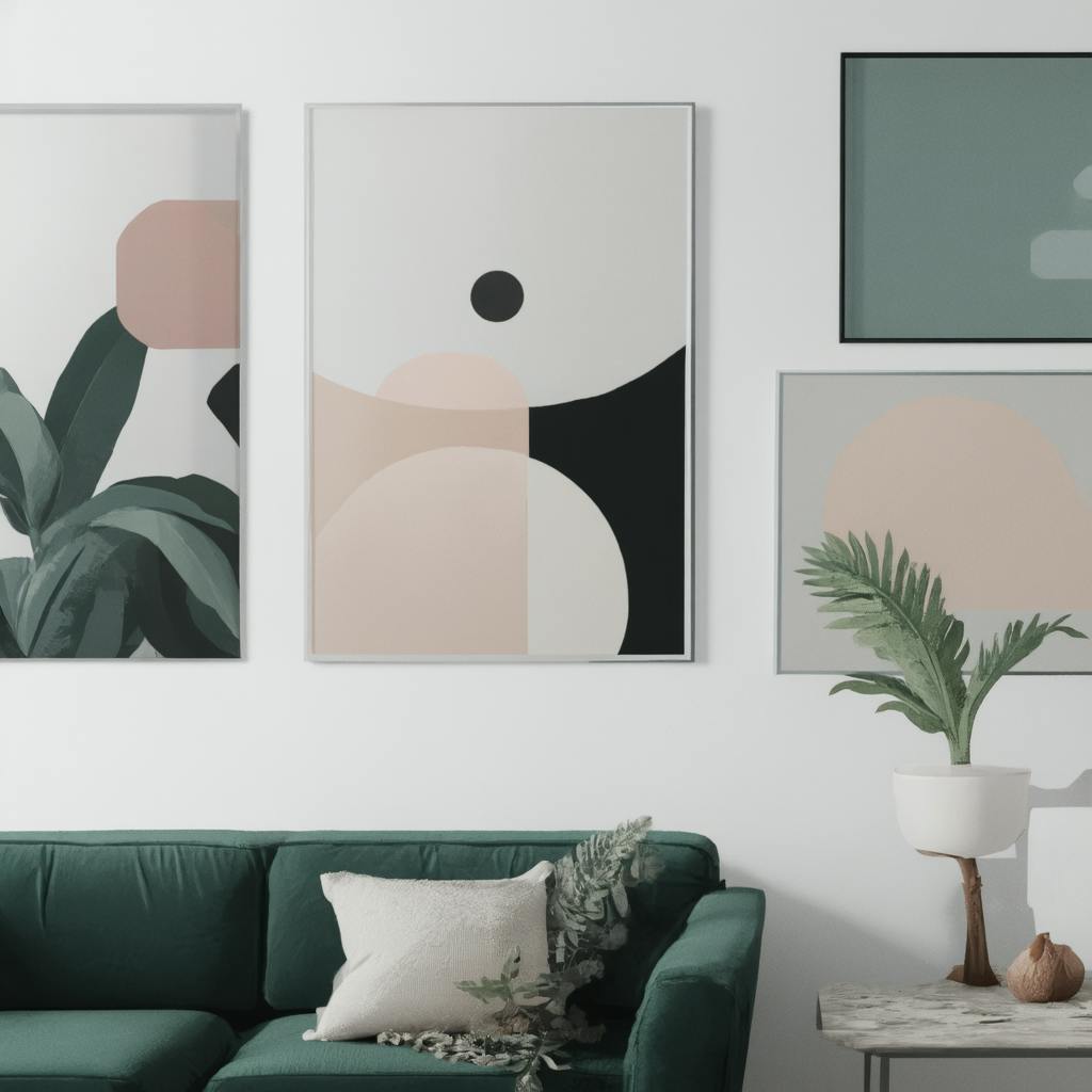 A modern interior featuring a dark green sofa and white cushion, accented by large graphic design art prints on the wall. The prints use muted tones and abstract geometric forms, offering a contemporary aesthetic perfect for a stylish, design-conscious space.