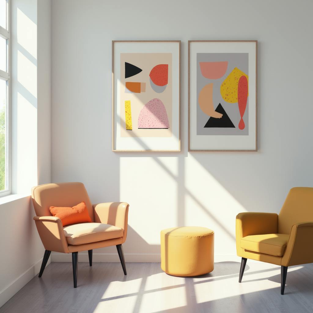 A bright, sunlit corner with mustard yellow and tan armchairs arranged beneath two framed graphic design art prints. The wall art showcases vibrant shapes and contrasting hues, capturing the essence of modern minimalism in graphic design art prints.