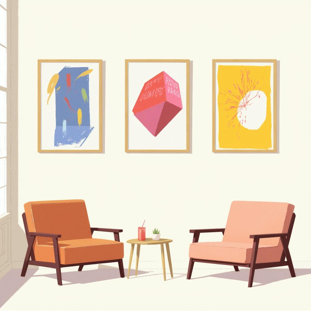 A cozy sitting area with two mid-century modern chairs and a small round table, set against a wall displaying three colorful abstract graphic design art prints. The prints feature bold colors and geometric shapes, adding a playful, creative touch to the minimalist room.