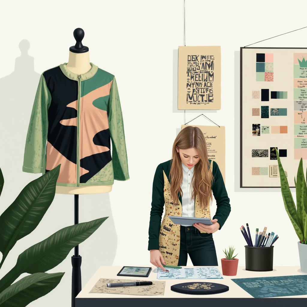 A young designer stands at a studio workspace reviewing textile patterns and sketches on a tablet. A mannequin displays a bold, color-blocked jacket. The background includes inspiration boards and swatches, showcasing the intersection of graphic design and fashion in apparel development.