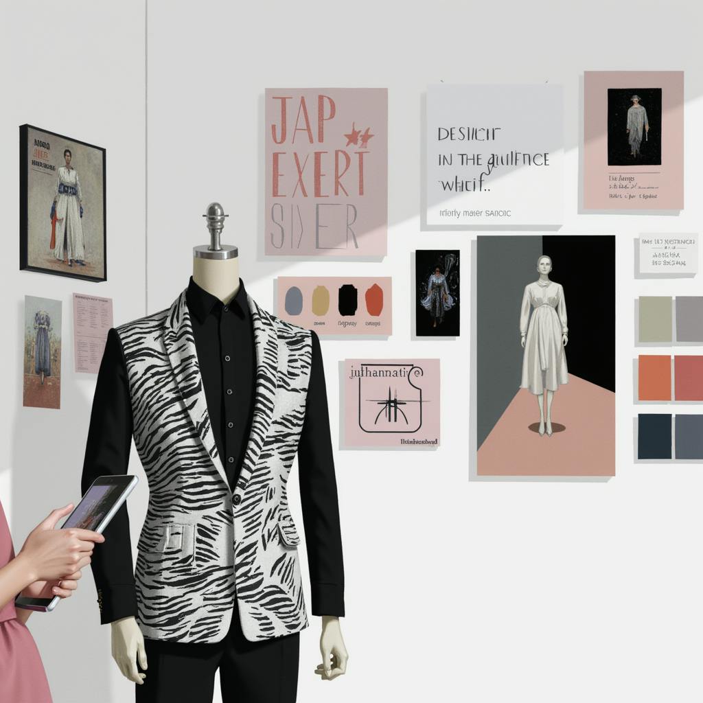 A high-end fashion studio wall is adorned with style boards, color palettes, typography samples, and runway visuals. A mannequin is dressed in a monochrome patterned blazer. This scene highlights how graphic design and fashion merge in professional presentations and couture collection planning.
