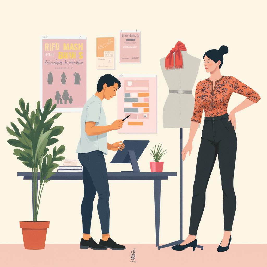 Two designers collaborate in a modern fashion studio. One works on a digital tablet while the other observes a mannequin styled with a patterned blouse. Surrounded by posters, charts, and plants, the scene illustrates how graphic design and fashion blend in branding and garment prototyping.