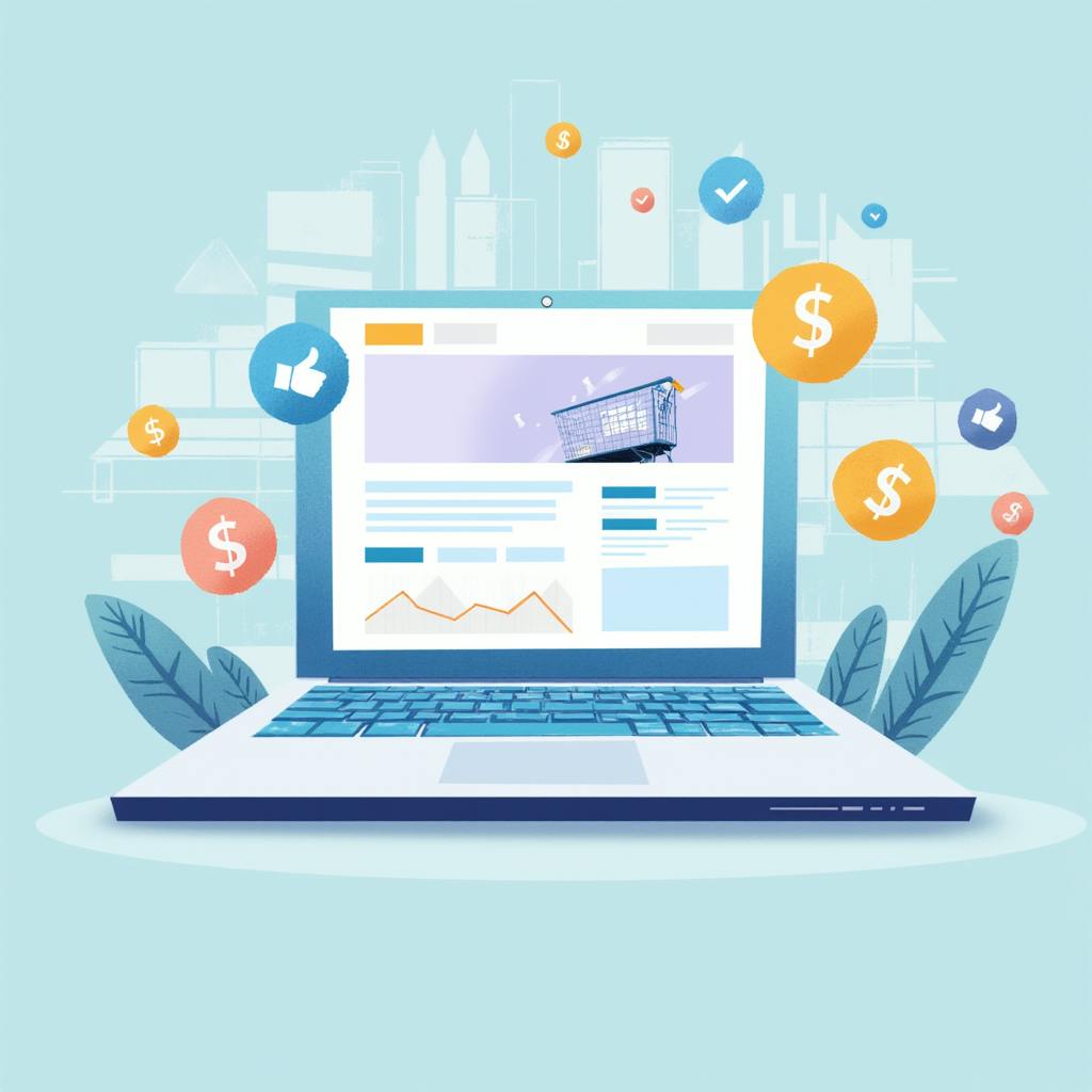 A vibrant illustration of a laptop with a shopping cart on screen, surrounded by icons representing financial metrics, social engagement, and analytics graphs. This setup reflects how businesses use Google Analytics organic search to assess traffic sources and optimize online conversions.