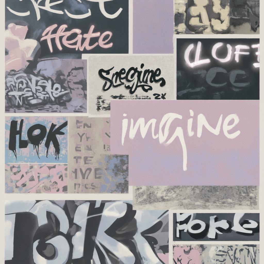 A patchwork of graffiti-inspired text styles, featuring the word “Imagine” and other abstract forms, highlighting different word designs in urban and expressive visual formats.