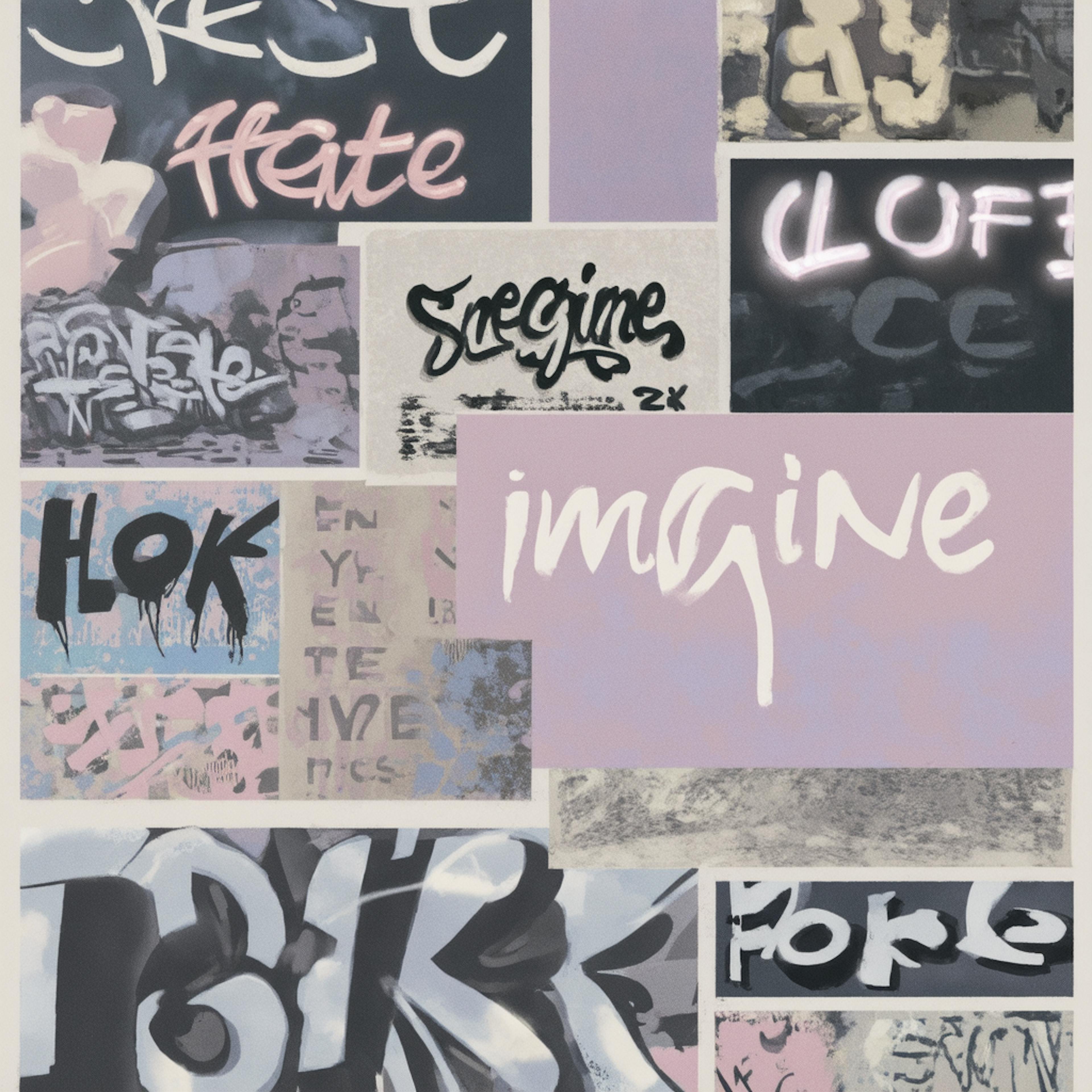 A patchwork of graffiti-inspired text styles, featuring the word “Imagine” and other abstract forms, highlighting different word designs in urban and expressive visual formats.