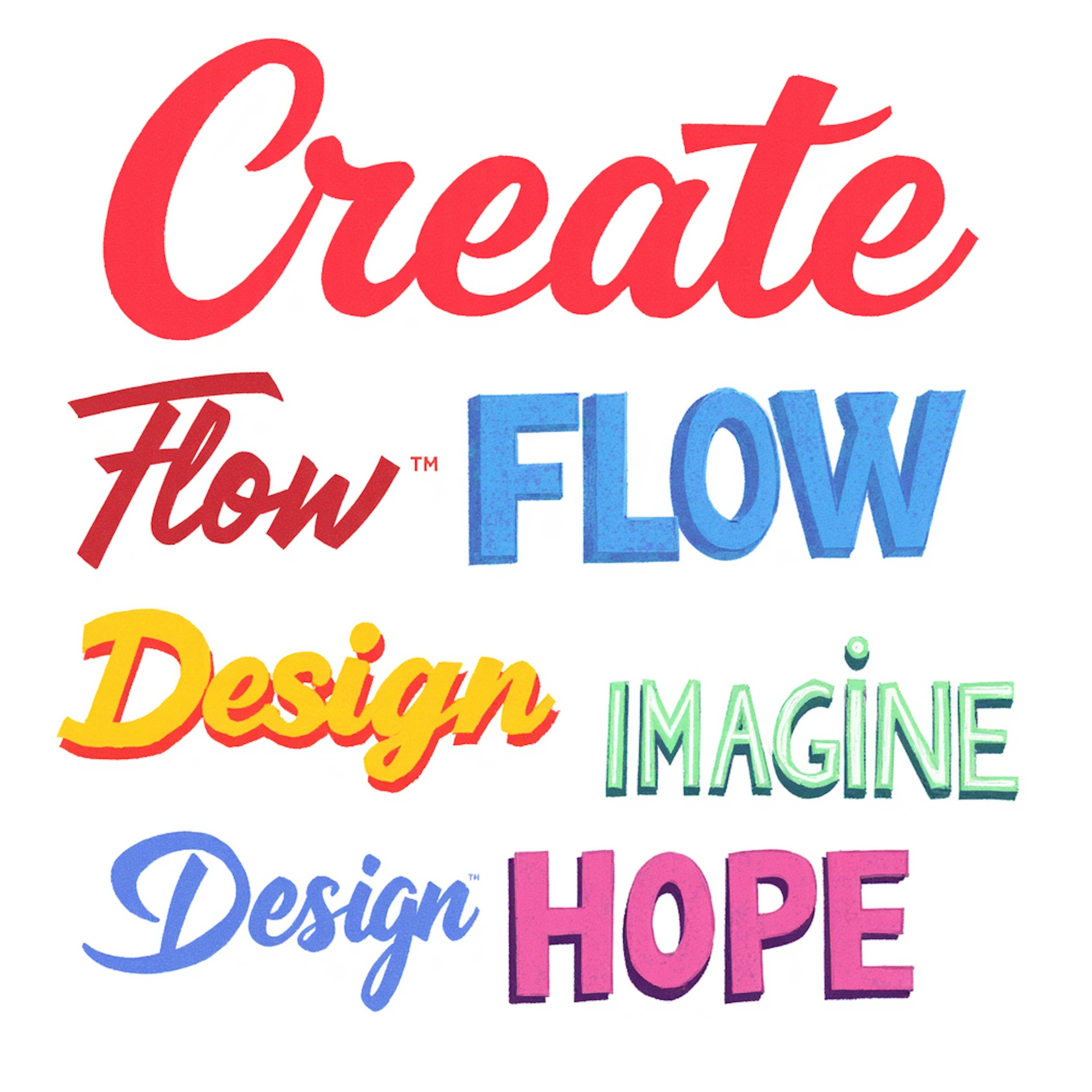 A clean layout of colorful, bold words such as “Create,” “Flow,” “Design,” “Imagine,” and “Hope” rendered in various typography styles, representing different word designs for branding or creative inspiration.