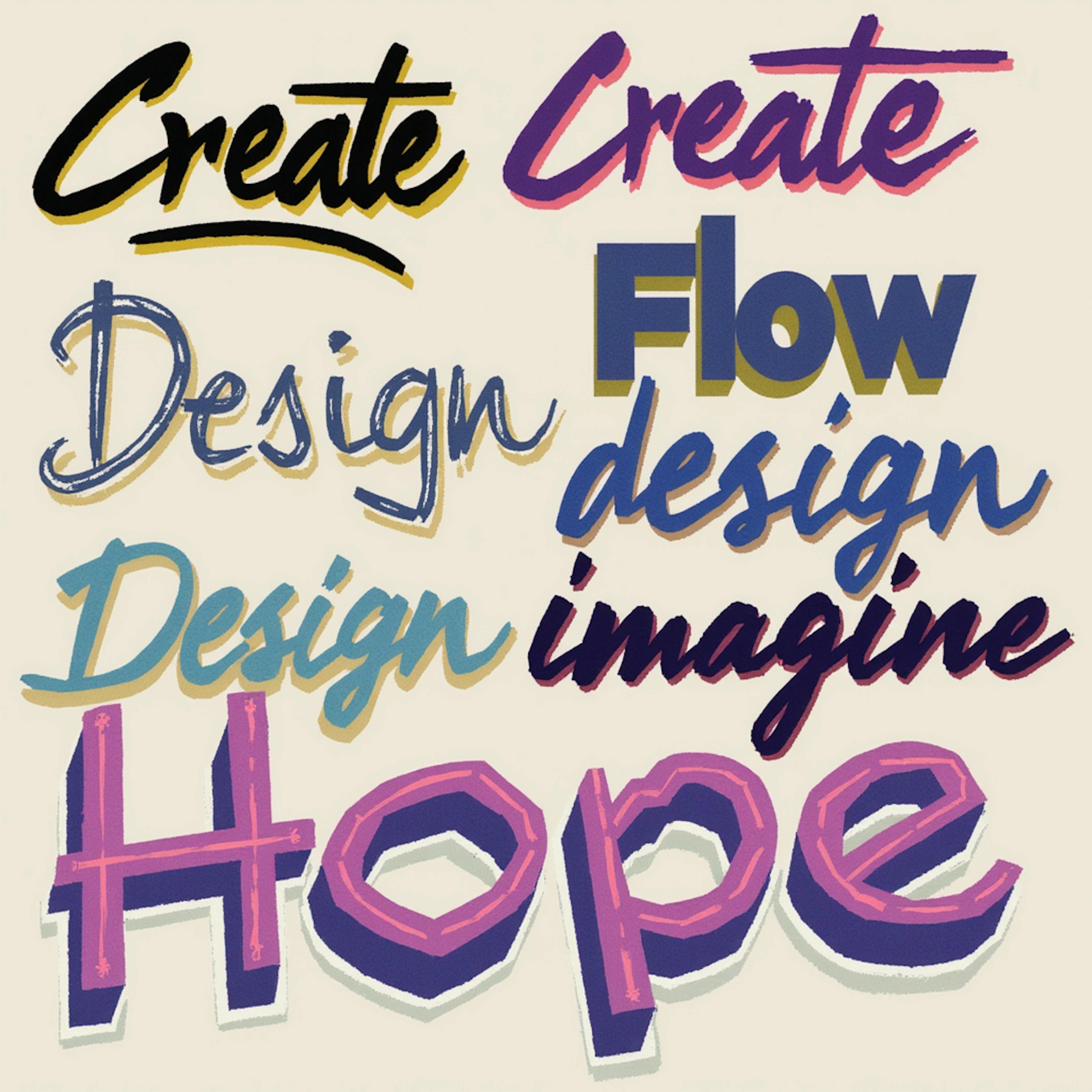 A collage of hand-lettered words like “Create,” “Design,” “Flow,” “Hope,” and “Imagine” in different fonts and vibrant colors, showcasing different word designs in artistic styles.