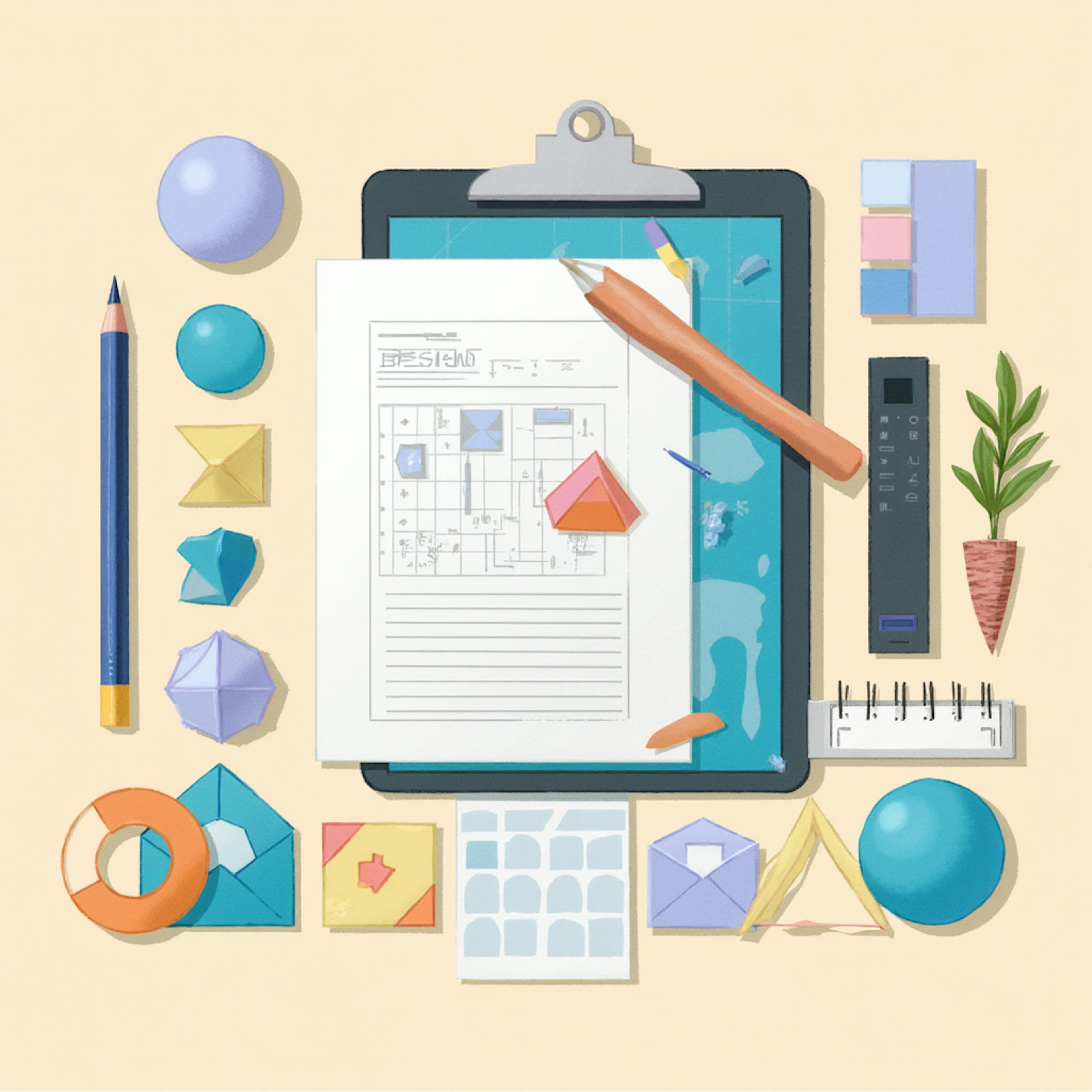 A top-down view of a designer’s desk with blueprints, geometric tools, paper models, and layout sketches—showcasing hands-on work in design and communication graphics.