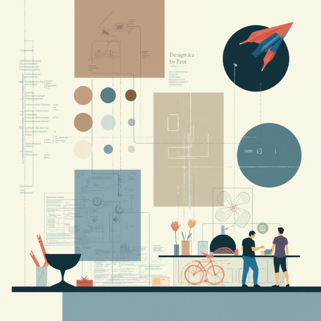 A conceptual collage blending diagrams, infographics, blueprints, and abstract visuals with two individuals at a creative workspace—illustrating design and communication graphics in action.