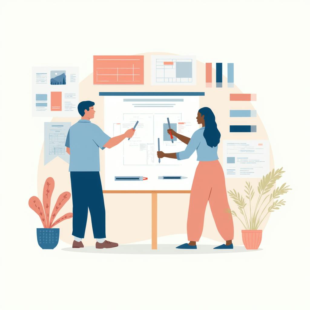 A man and woman collaborating at a drafting board surrounded by layout templates, color palettes, and diagrams—an educational scene in design and communication graphics.