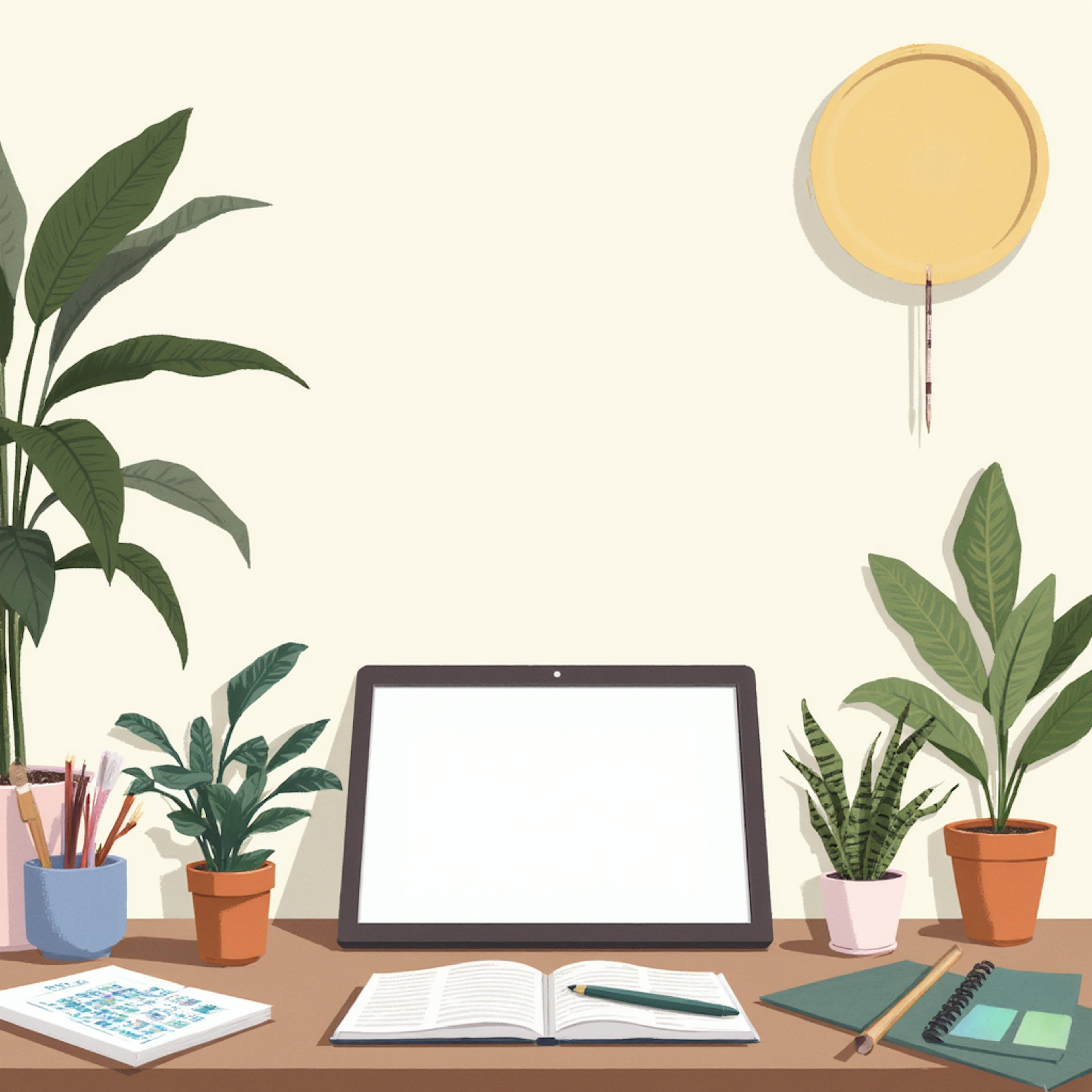 A bright, plant-filled desk setup with a blank screen and open notebooks, symbolizing a calm, creative environment ideal for offering custom illustration services.