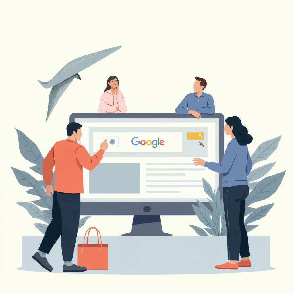 A group of people gathers around and interacts with a large monitor showing a Google search interface, with some elements indicating navigation and analysis, representing the dynamics of direct search vs organic search.