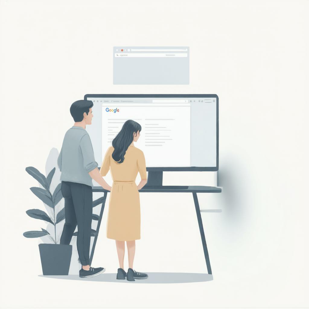 A man and woman stand together viewing a large screen that displays a Google search results page, illustrating a comparison of how users interact with direct search vs organic search outcomes.
