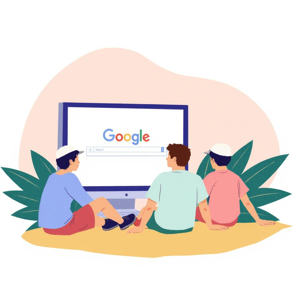 Three young people sit on the ground in front of a large screen displaying the Google search homepage, symbolizing a discussion or learning session about digital search behaviors. Keywords: direct search vs organic search.