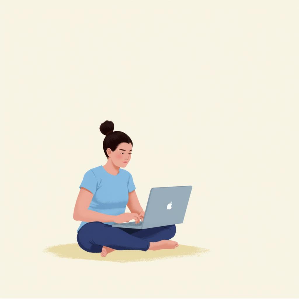 Illustration of a young woman in a blue t-shirt and dark pants sitting cross-legged on the floor, typing on a laptop, symbolizing examples for persuasive writing in a relaxed and focused home environment.