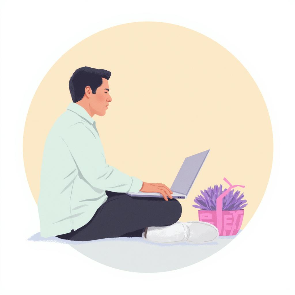 Illustration of a man in a light shirt sitting cross-legged with a laptop on his lap and a gift box of lavender beside him, representing creative workspace inspiration and examples for persuasive writing.