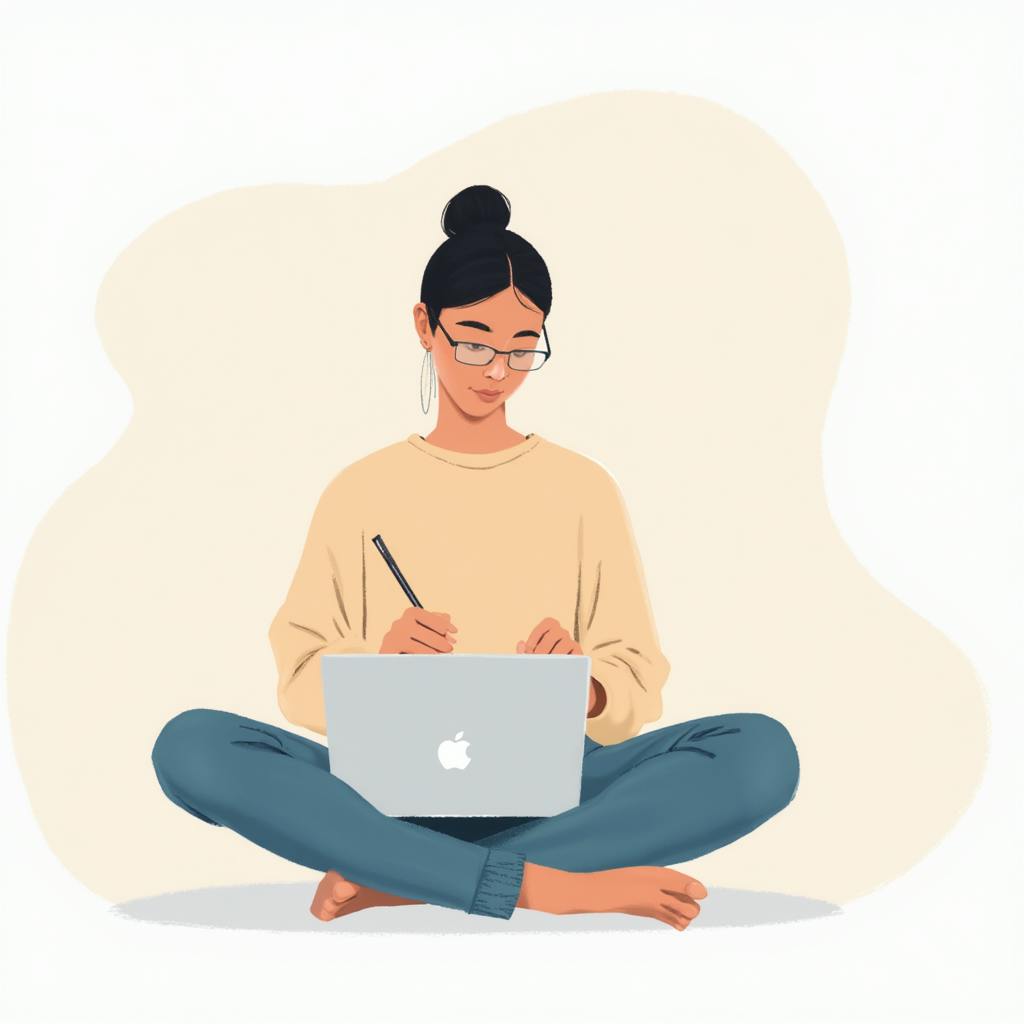 Illustration of a woman wearing glasses and a beige sweater, holding a pencil and working on a laptop while sitting cross-legged, visually depicting thoughtful content creation and examples for persuasive writing and web design.