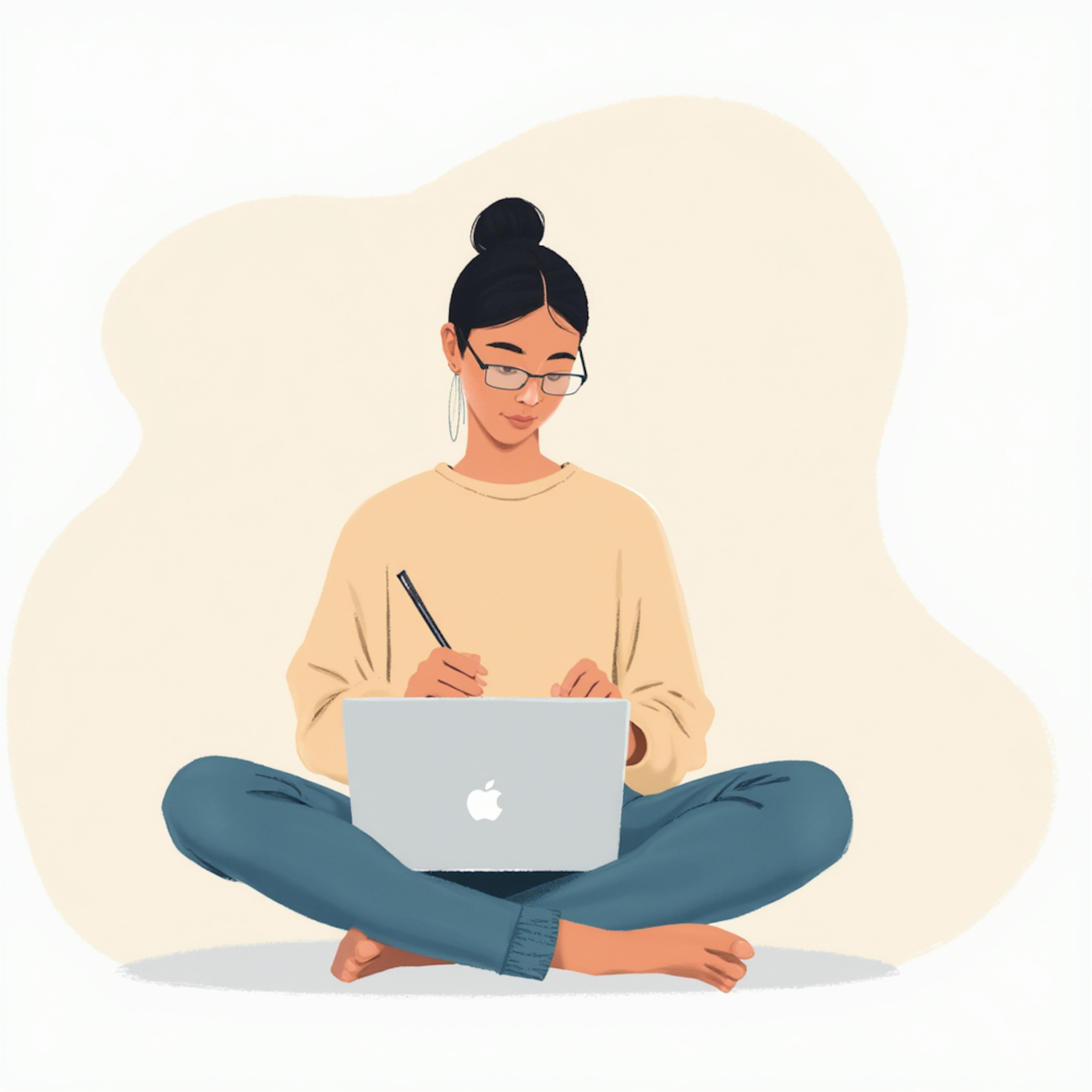 Illustration of a woman wearing glasses and a beige sweater, holding a pencil and working on a laptop while sitting cross-legged, visually depicting thoughtful content creation and examples for persuasive writing.