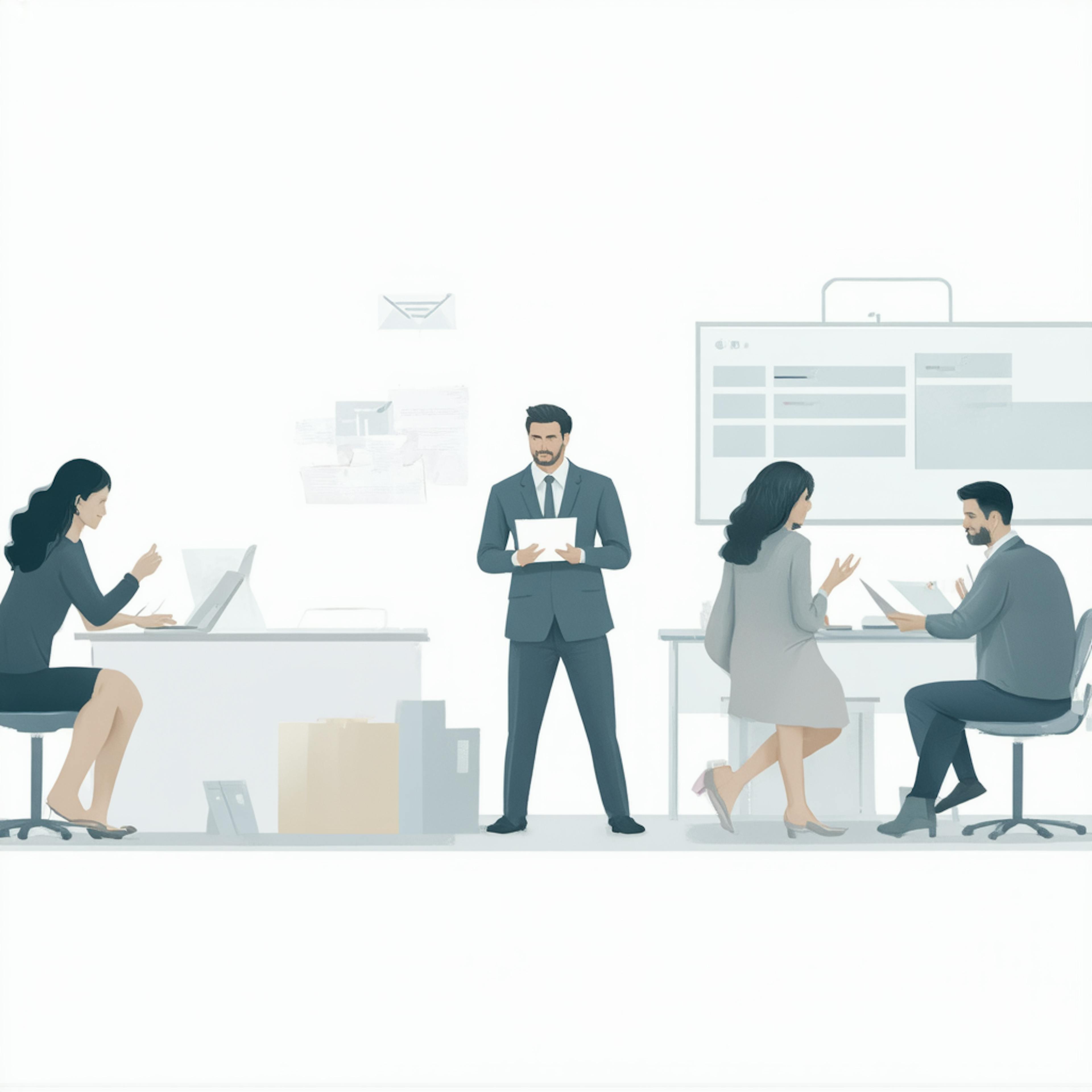 Corporate employees in a modern office environment collaborating on tasks, exemplifying the essentials of business communication such as non-verbal cues, structured meetings, and document sharing.