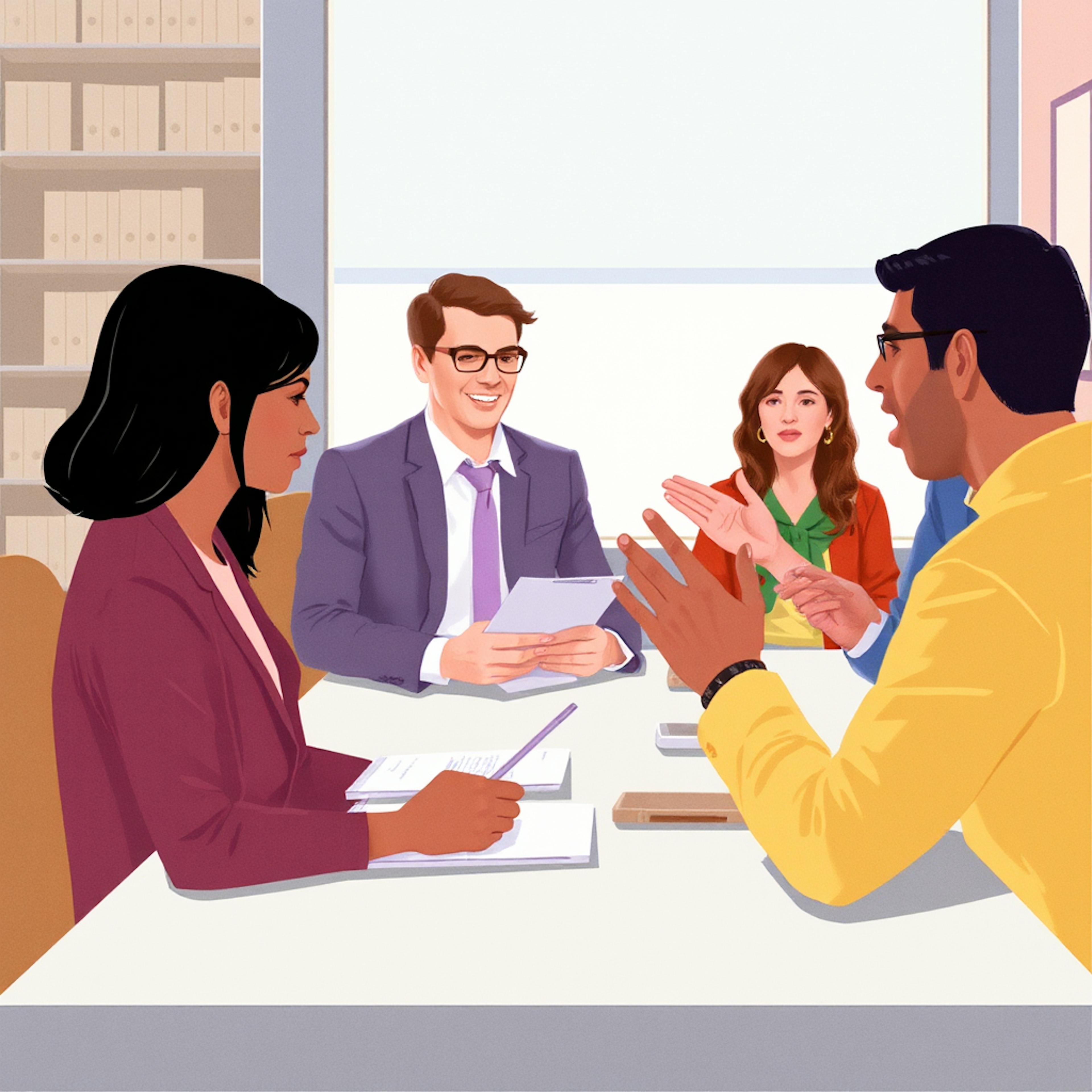 A group of diverse professionals engaged in a lively office discussion around a conference table, demonstrating the essentials of business communication through active listening and clear verbal exchanges.