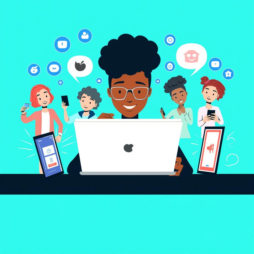 A cheerful person sits at a desk using a laptop, surrounded by animated characters holding smartphones and icons like likes, comments, and notifications—symbolizing the effectiveness of social media advertising in reaching diverse digital audiences.
