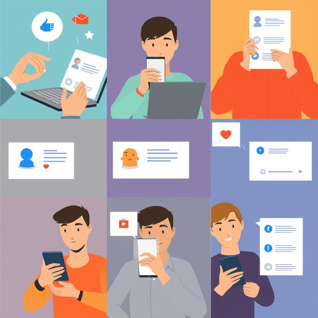 A colorful grid of diverse users interacting with mobile devices and social media profiles, with visual cues like thumbs up, messages, and hearts, illustrating the widespread effectiveness of social media advertising in digital marketing strategies.