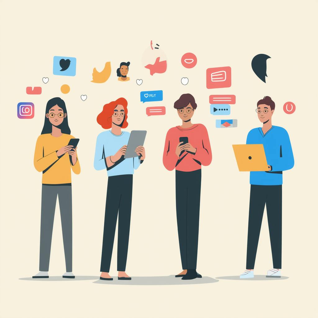 Illustration of four young professionals standing and using digital devices, surrounded by floating social media icons like Twitter, Instagram, and chat bubbles, representing the effectiveness of social media advertising in engaging online communities.