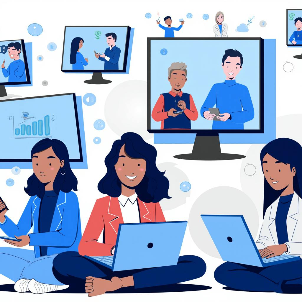 Several individuals use laptops and smartphones while surrounded by floating virtual screens showing analytics, conversations, and promotional content—illustrating how dynamic advertising solutions bridge digital interactions and targeted messaging across platforms.