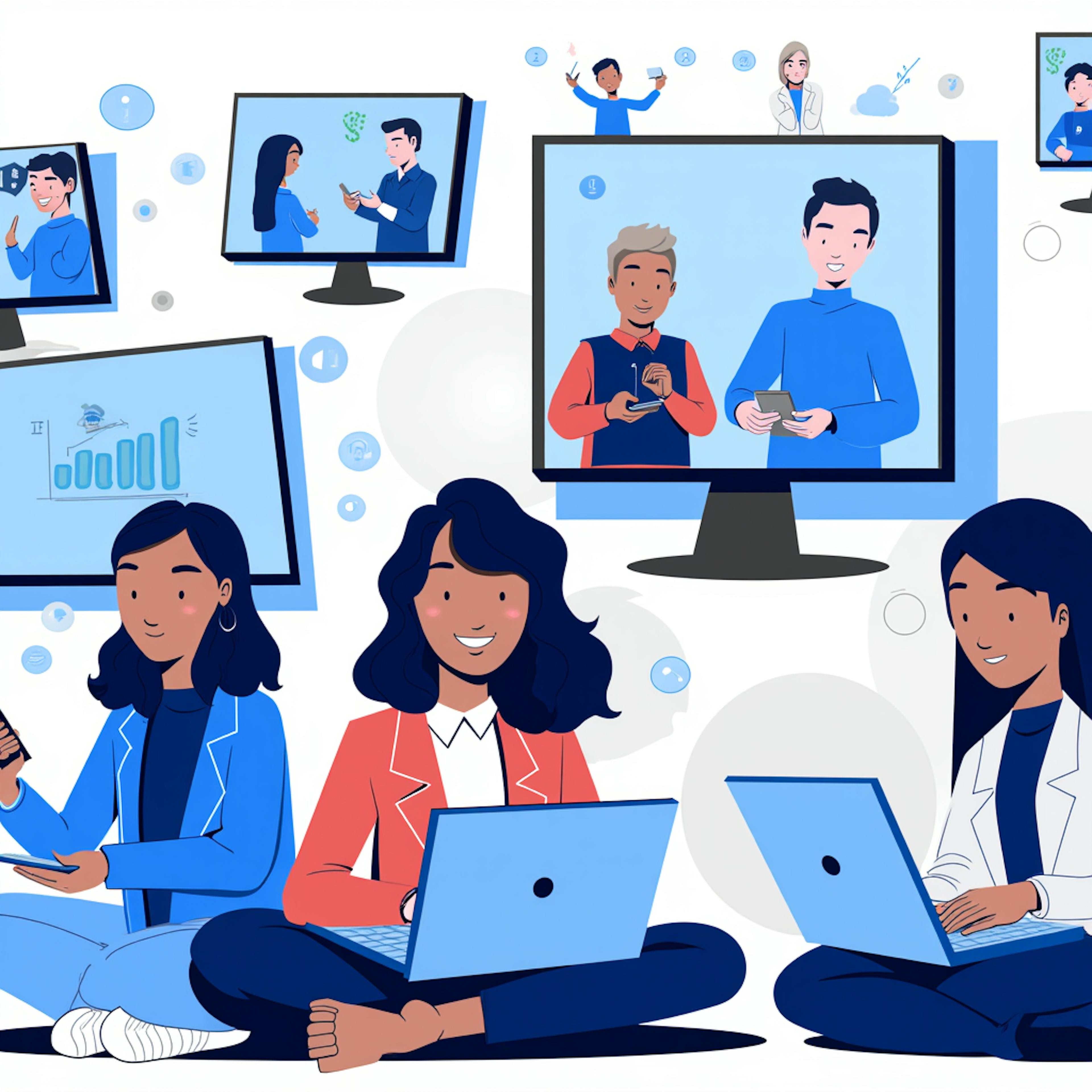 Several individuals use laptops and smartphones while surrounded by floating virtual screens showing analytics, conversations, and promotional content—illustrating how dynamic advertising solutions bridge digital interactions and targeted messaging across platforms.