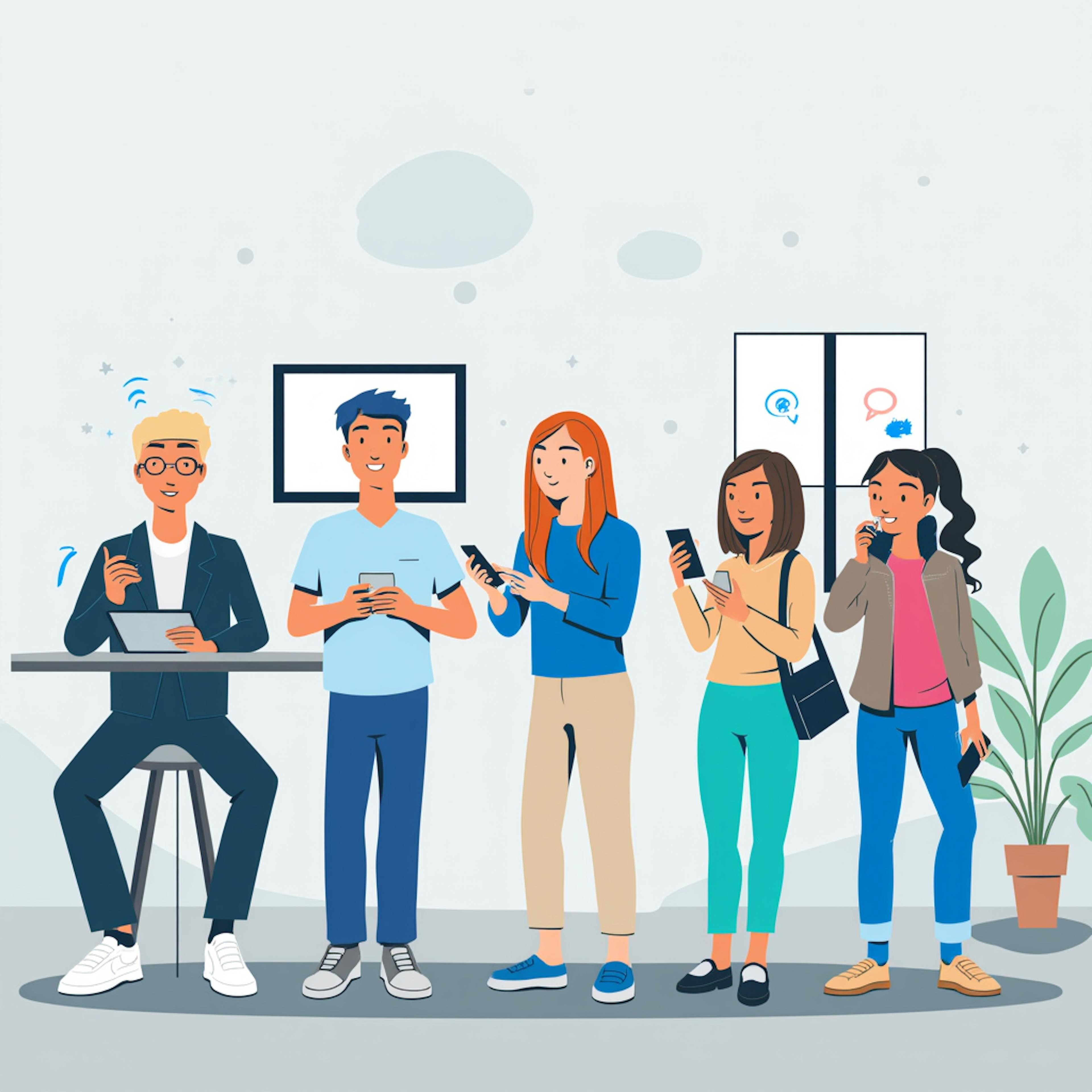 Five young adults gather in a modern indoor space, each absorbed in their mobile devices and tablets, engaging with content—highlighting the real-time personalization and connectivity offered by dynamic advertising solutions.