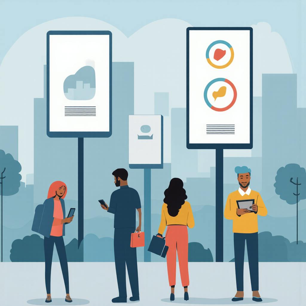 A group of diverse professionals stand in an urban setting, engaging with their digital devices while large modern digital billboards display abstract graphics and analytics symbols—representing the interaction between urban audiences and dynamic advertising solutions.