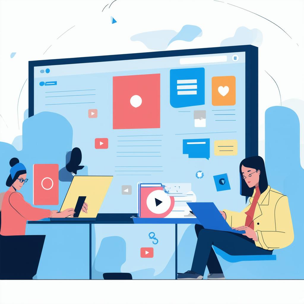 Two women seated at a large digital screen interface working on laptops surrounded by social media icons, video elements, and engagement metrics—illustrating collaboration in a modern display campaign.