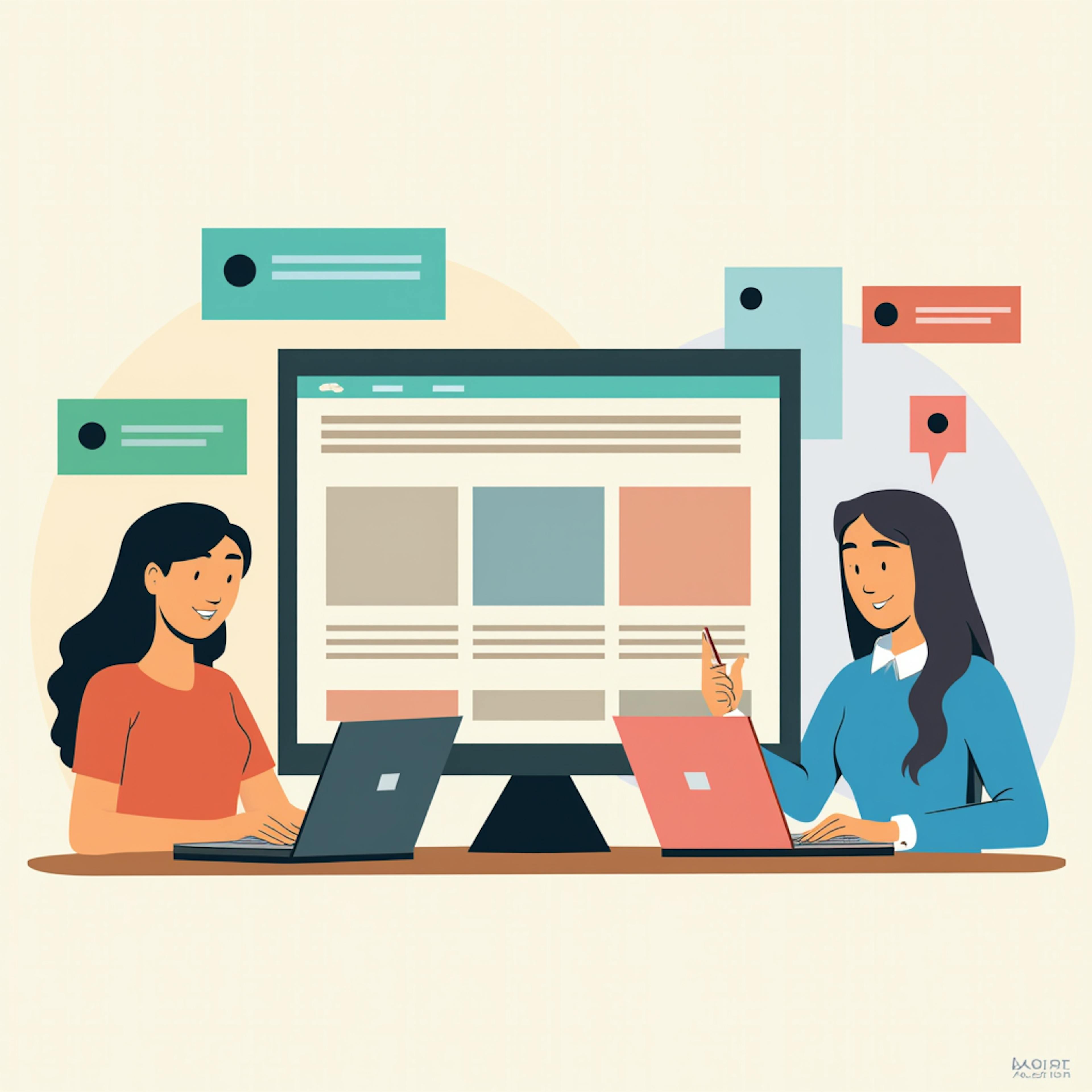 Two women happily discussing data in front of a large web analytics screen, both using laptops and pointing at UI elements—depicting teamwork and visual strategy in a display campaign.