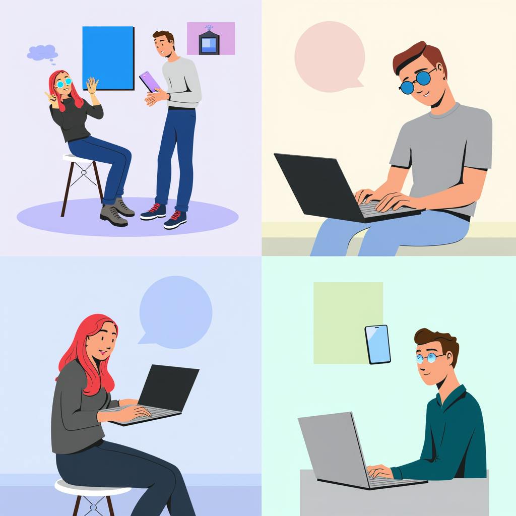 Four cartoon-style professionals engaged in virtual conversations and laptop work across split panels, representing remote collaboration and the multitasking nature of a successful display campaign.