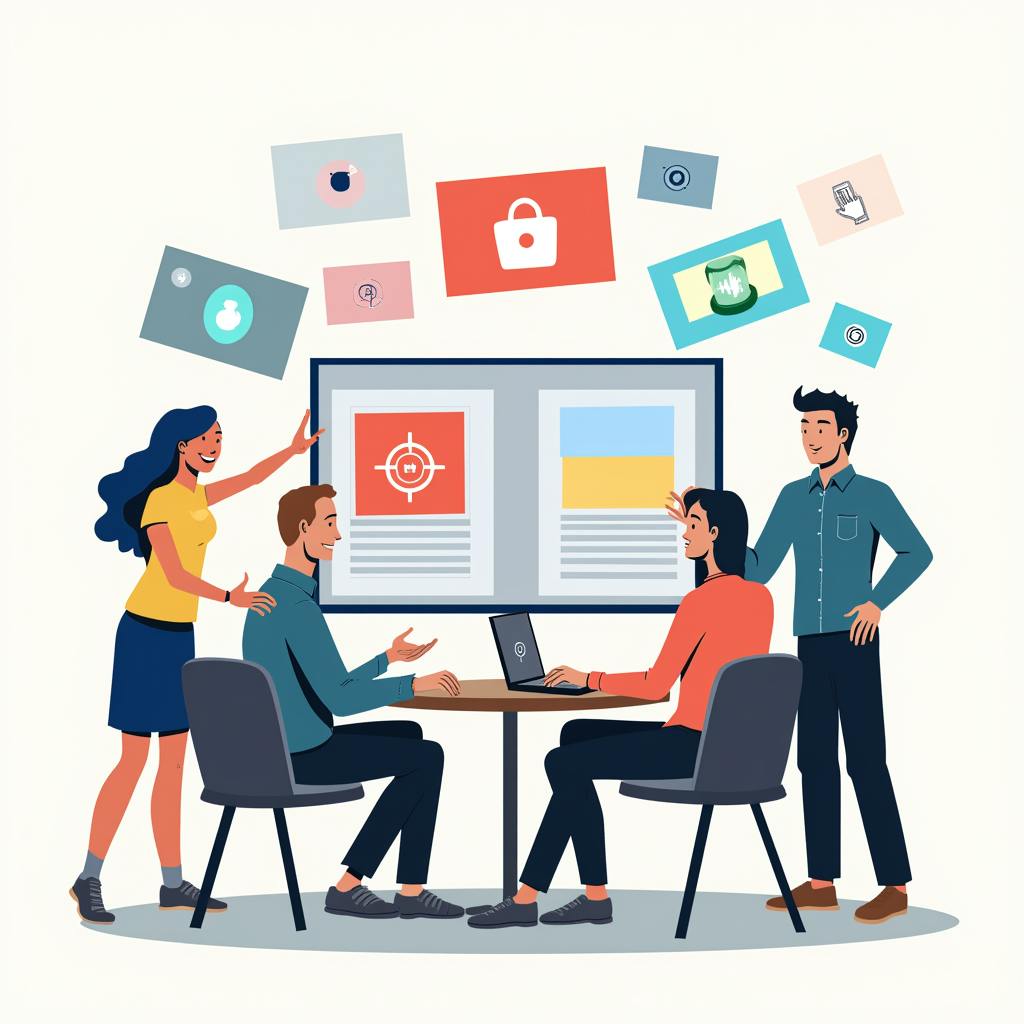 A group of colleagues gathered around a digital screen displaying advertising elements like a target icon and product visuals, discussing and evaluating display advertising solutions in a creative meeting.