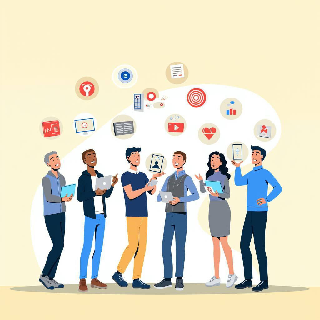 A diverse team of marketers enthusiastically interacting with laptops and tablets as digital advertising icons float above them, illustrating teamwork and brainstorming for innovative display advertising solutions.