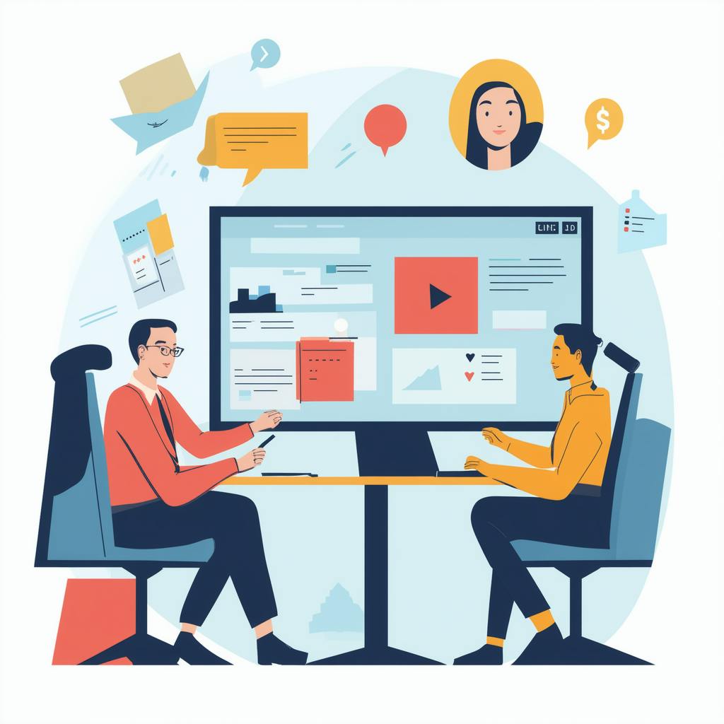 Two professionals seated at a conference table engaging with a large digital interface filled with charts, videos, and social media icons, representing collaborative planning of display advertising solutions.