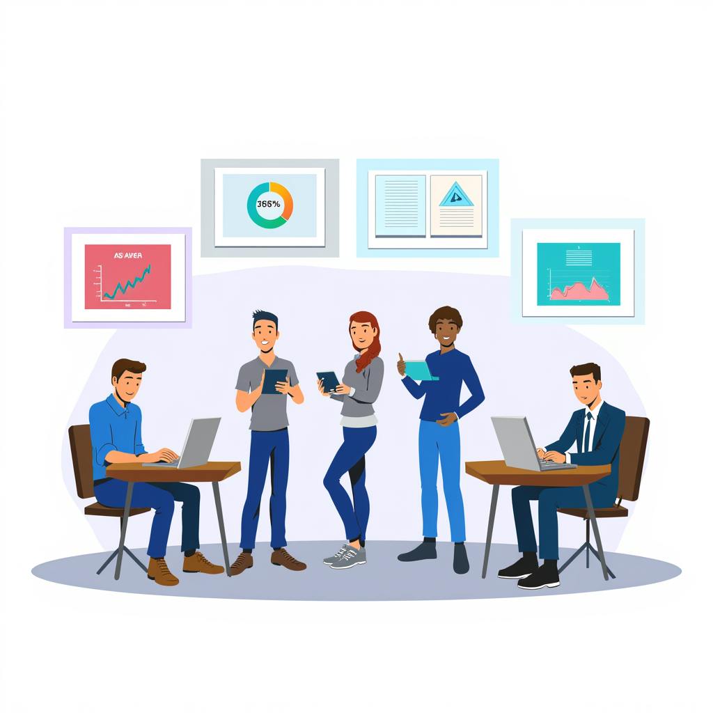 Five team members using laptops and tablets while standing and sitting beneath framed charts and reports, representing a modern workspace environment driven by insights and creativity in display advertising campaigns.