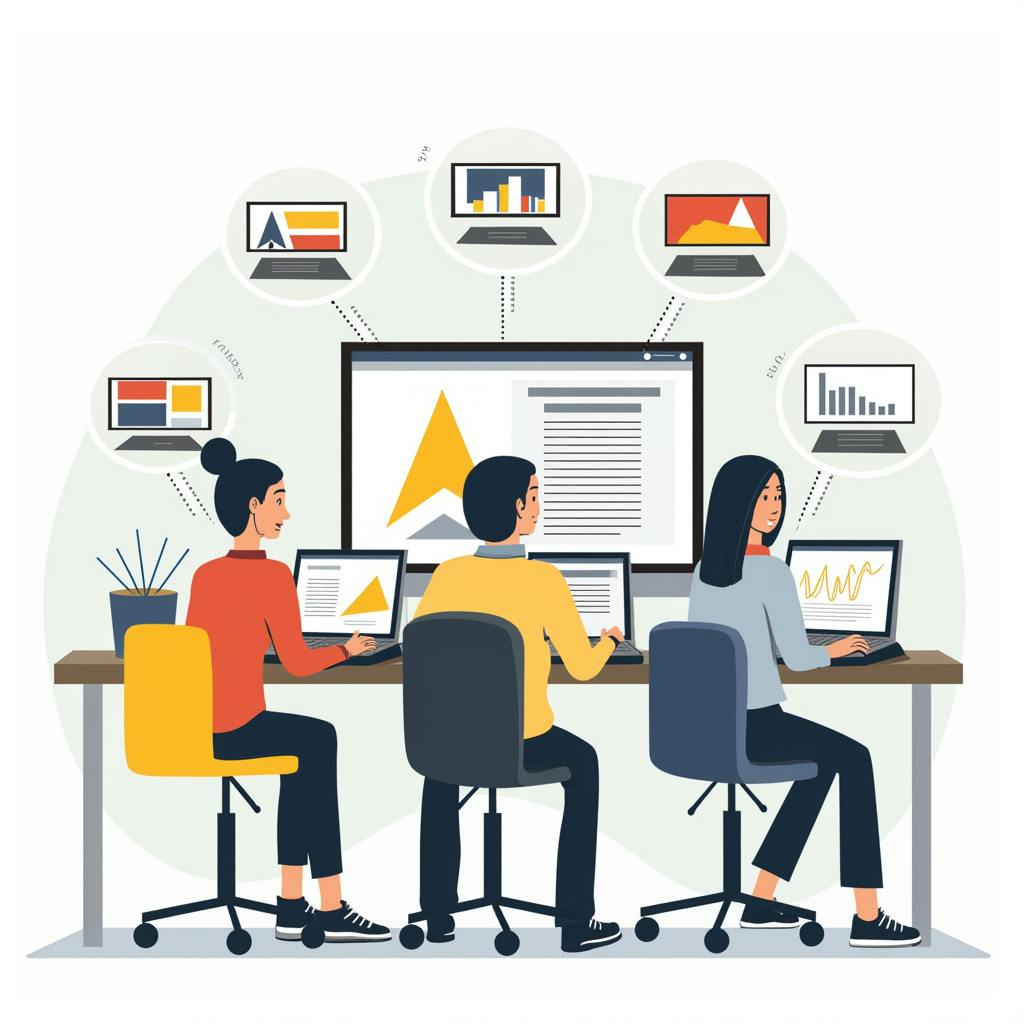 Three individuals sitting at a shared desk, each using a laptop with digital dashboards showing charts and graphs, while a central monitor displays a prominent branding symbol—illustrating collaboration and data analysis for display advertising campaigns.