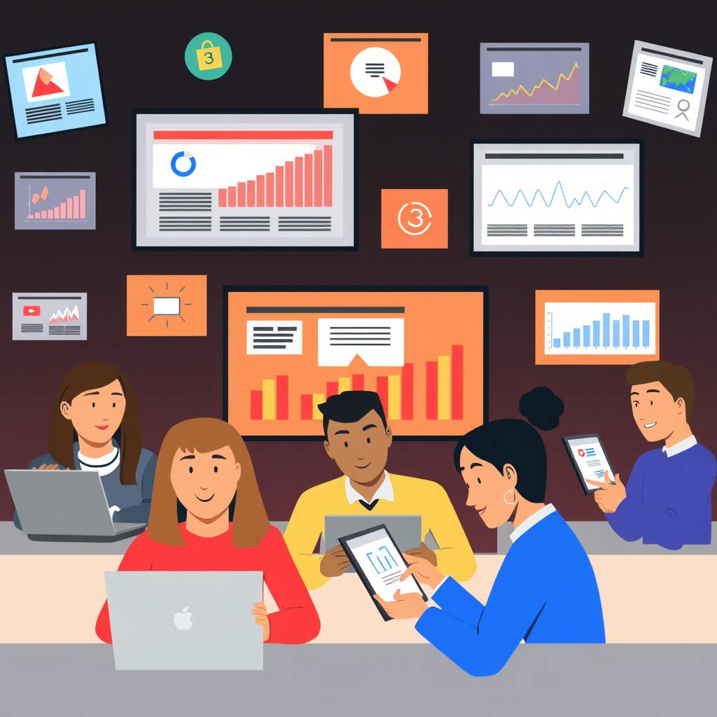 A group of five professionals engaged in data review and planning, surrounded by large digital displays with charts, metrics, and campaign visuals—depicting a collaborative strategy session focused on optimizing display advertising campaigns.